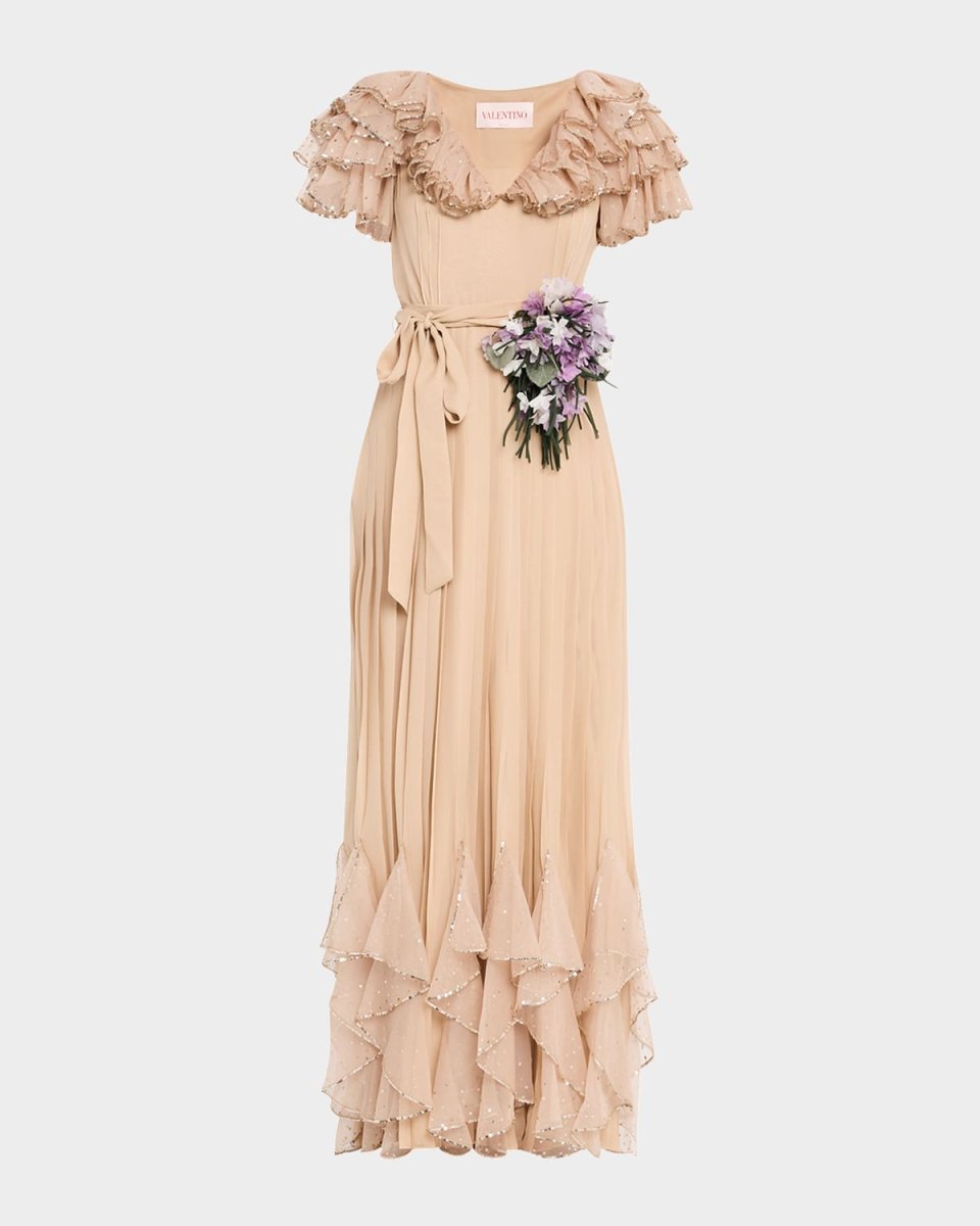 Ruffle V-Neck Belted Silk Gown
